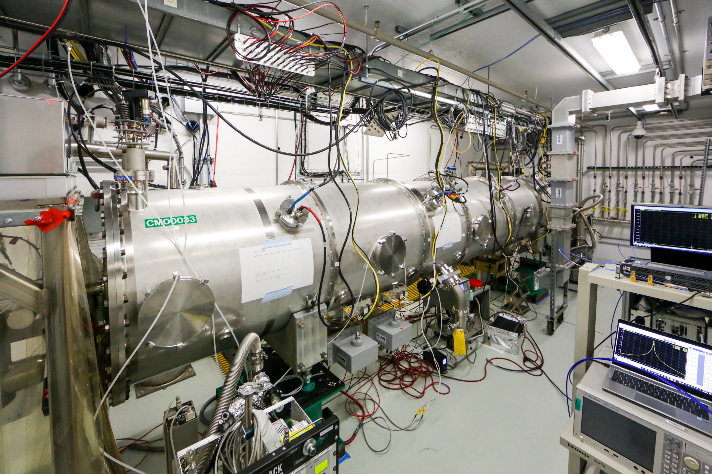 A cryomodule delivered from Jefferson Lab is shown in the test cave at the Spallation Neutron Source at Oak Ridge National Laboratory. Credit: ORNL/Mark Champion