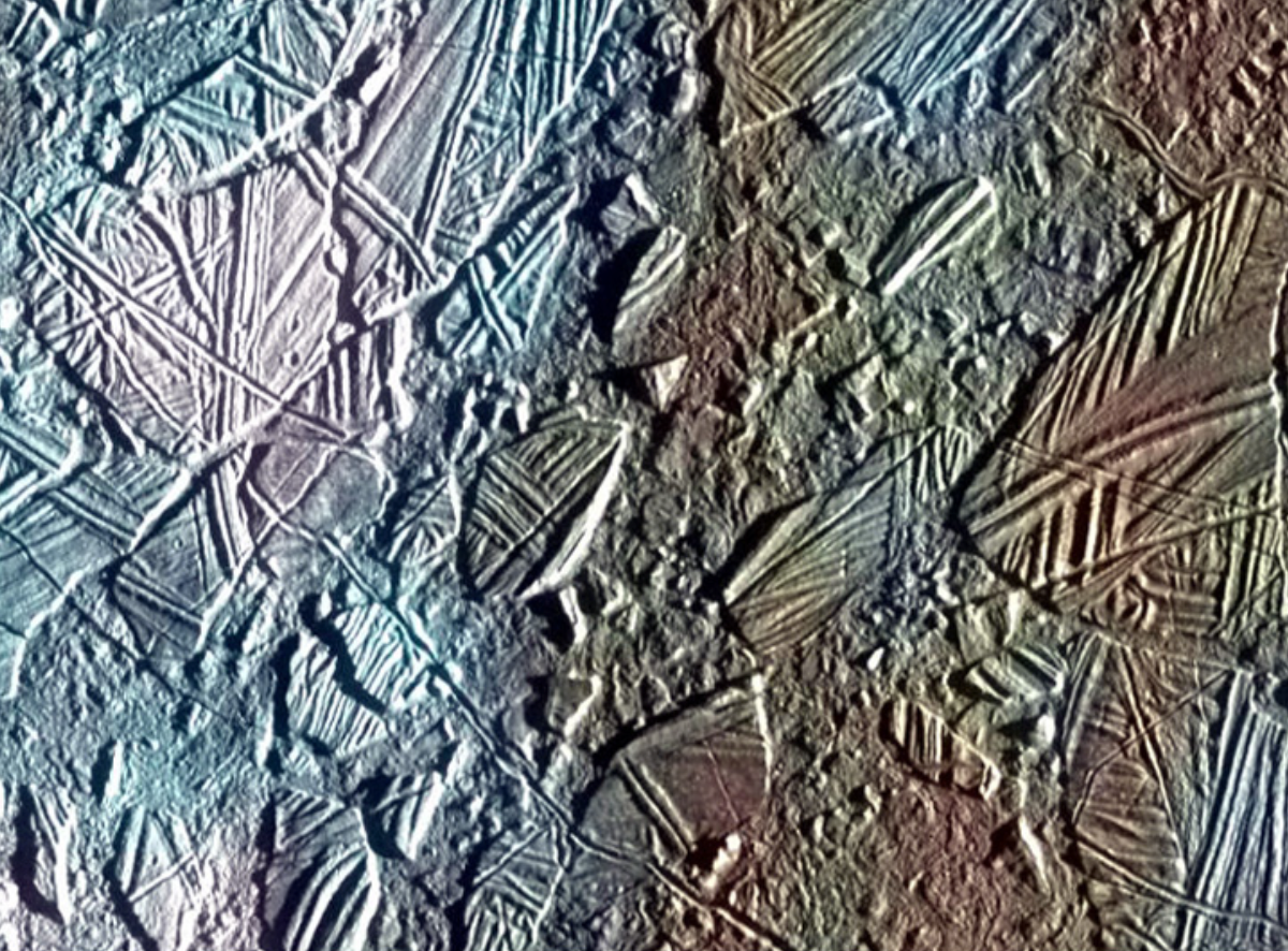 Enhanced image of a small region of the thin, disrupted ice crust on Jupiter's moon Europa taken in 1996 by NASA's Galileo spacecraft. Image Source: NASA