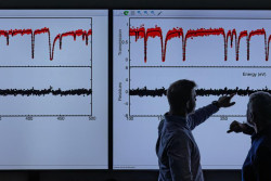 Two researchers analyze spectroscopy graphs on large digital displays in a laboratory setting.