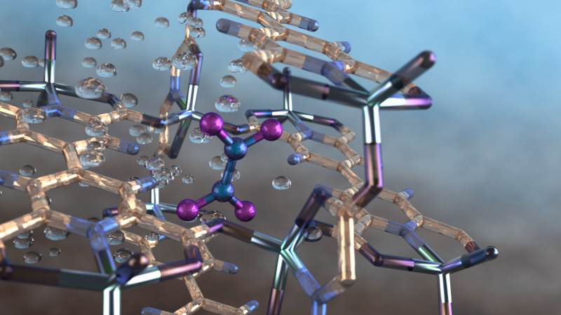 Illustration of a nitrogen dioxide molecule (depicted in blue and purple) captured in a nano-size pore of an MFM-520 metal-organic framework material as observed using neutron vibrational spectroscopy at Oak Ridge National Laboratory. Credit: ORNL/Jill Hemman