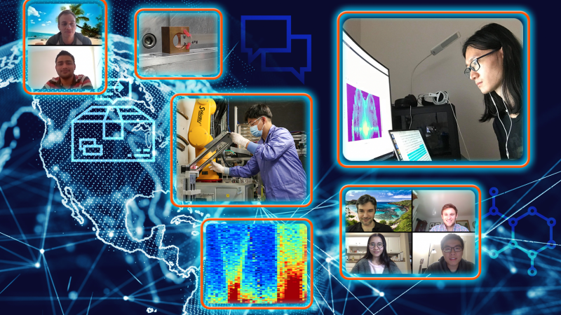 ORNL’s remote access experiment program enables scientists around the world to use the laboratory’s neutron sources during the pandemic. By sending samples to the lab and providing remote, real-time direction to ORNL instrument scientists, external researchers can take part in various neutron experiments without setting foot on campus. Pictured top-right, clockwise: Xing He, Olivier Delaire, Jack Bateman, Jingxuan Ding, Shan Yang, Minh Phan, Mayank Gupta, Tyson Lanigan-Atkins. Credit: ORNL/Jill Hemman