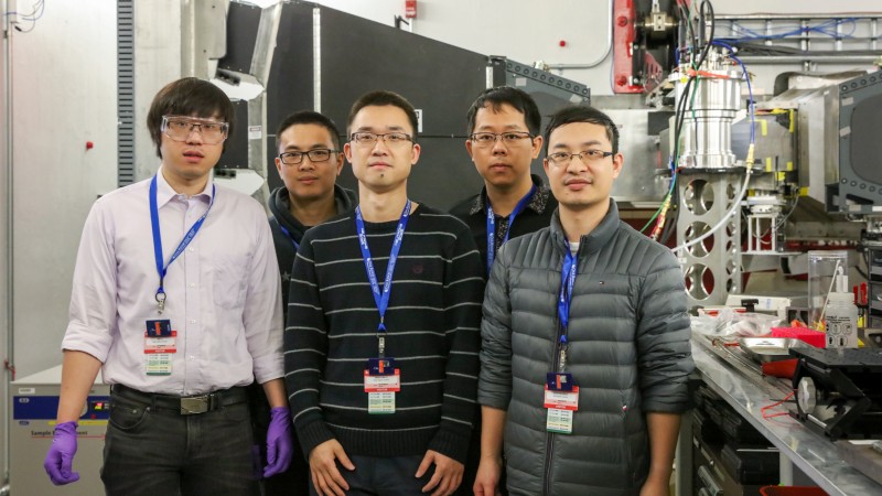 Researchers from West Virginia University used VULCAN at the Spallation Neutron Source to study materials called high-entropy oxides to develop industrial and consumer-based applications for improved energy storage and conversion. Team members include (left) Wei Li, Yi Wang, Wenyuan Li, Hanchen Tian, and Zhipeng Zeng. (credit: ORNL/Genevieve Martin)