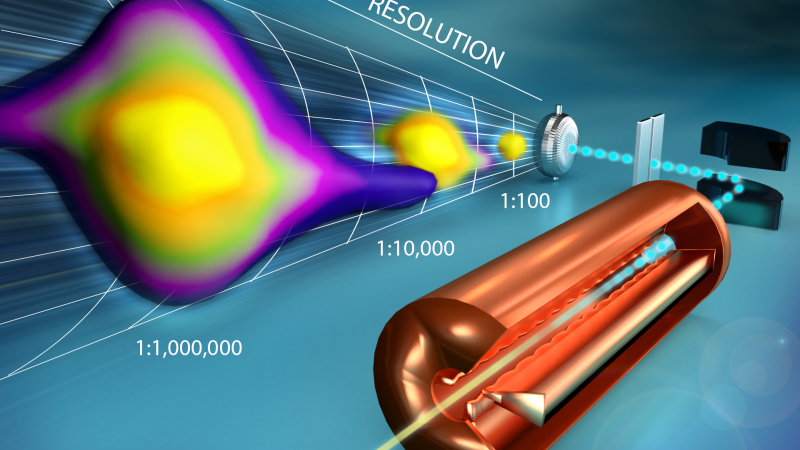 The illustration traces the path of the beam as it passes through the copper radio frequency quadrup
