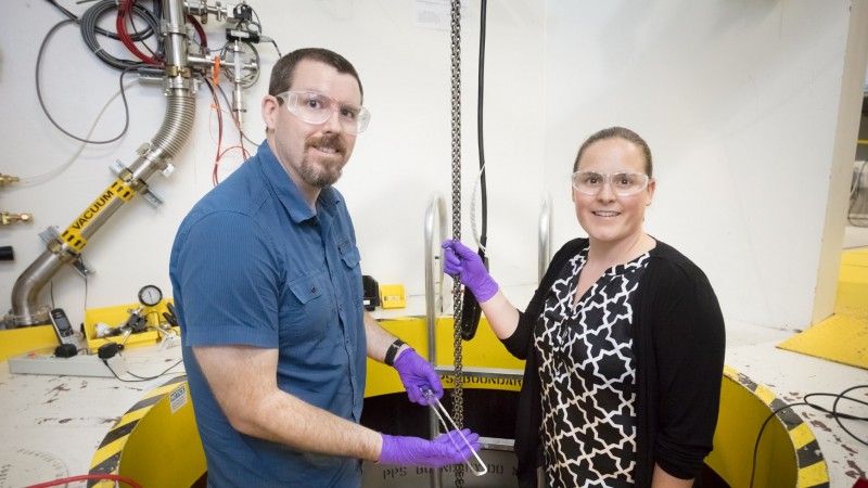 With the help of other researchers from ORNL and Colorado State University, Daniel Olds and Katharine Page developed a U-tube gas flow cell to study catalysts and better understand how they facilitate chemical reactions. With this cell integrated into a new sample environment, they can combine neutron diffraction and isotope analysis techniques to view catalytic behavior under realistic operating conditions. (Image credit: ORNL/Genevieve Martin)