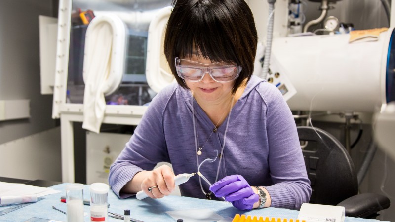 Ying Shi, a Senior Research Scientist with Corning Incorporated is using the NOMAD instrument, SNS beam line 1B, to study various types of glass made at Corning. Image credit: Genevieve Martin/ORNL.