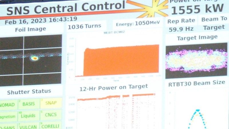 A control room monitor at SNS displays the power level of 1555 kilowatts