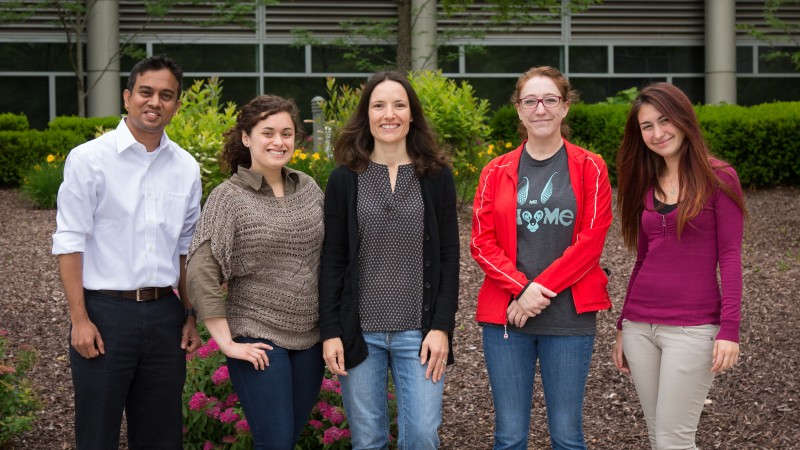 Flora Meilleur, center, is the coordinator for the seventh annual Neutron Scattering Applications in Structural Biology workshop. Here she is shown with four student participants, from left to right: Suchi Perera, Nayomi Plaza, Meilleur, Leiah Carey, and Zumra Peksaglam. (Image credit: Genevieve Martin/ORNL)
