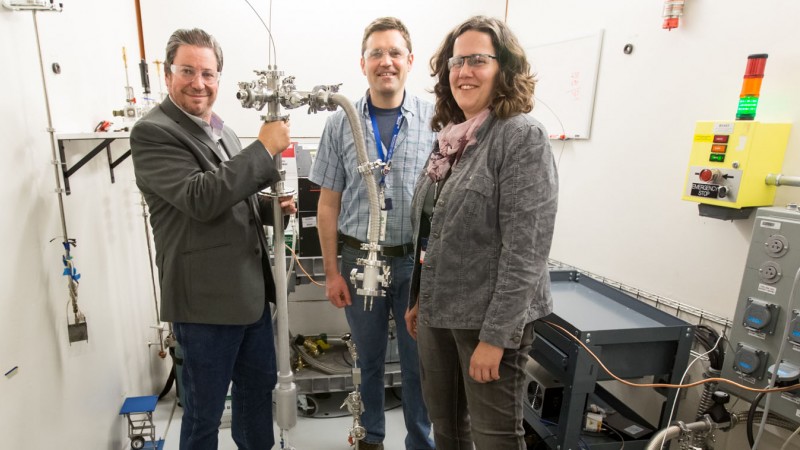 Timmy Ramirez-Cuesta, Chad Gillis and Monika Hartl were part of a team developing a new tool that is now available to users at VISION, SNS beam line 16B, that allows for simultaneous neutron and photon scattering measurements. Image credit: Genevieve Martin/ORNL