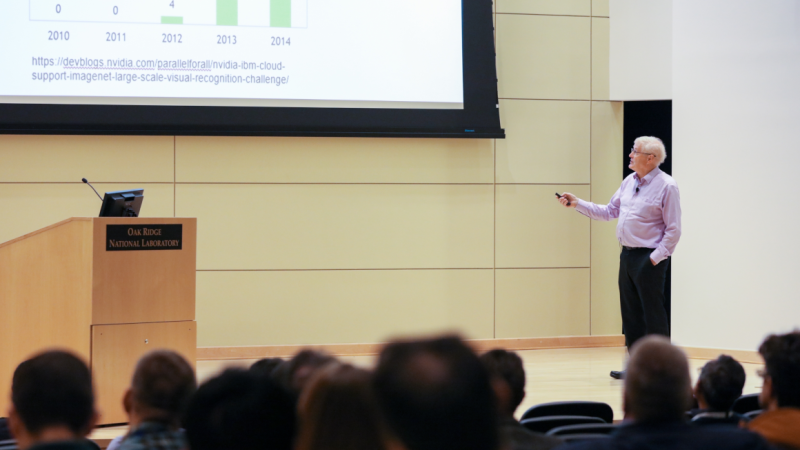 Plenary speaker Tony Hey, chief data scientist at Rutherford Appleton Laboratory in England, discusses artificial intelligence applications for large-scale facilities at the STS workshop. Credit: ORNL/Genevieve Martin