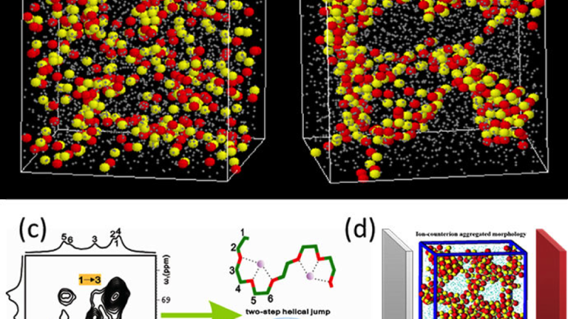 Figure caption: Charge-counterion clustering and counterion diffusion from MD Simulation and experiment. (a) structure of the charge agglomeration at very high dielectric constant. (b) percolated structure of charges at low high electric constant. As dielectric constant decreases, electrostatic strengths become stronger thereby causing stronger agglomeration. (c) Experimental proof showing counterion hopping as a mechanism of charge transport. (d) Trajectories of counterions showing hopping transport betwee