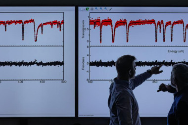 Two researchers analyze spectroscopy graphs on large digital displays in a laboratory setting.