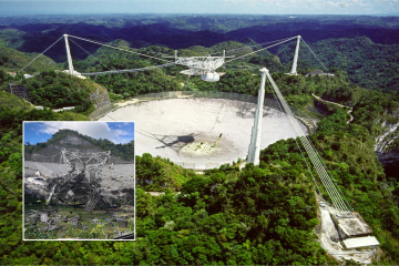 The Arecibo telescope collapsed in December 2020. Credit: NAIC/NSF; (INSET) Michelle Negron/NSF